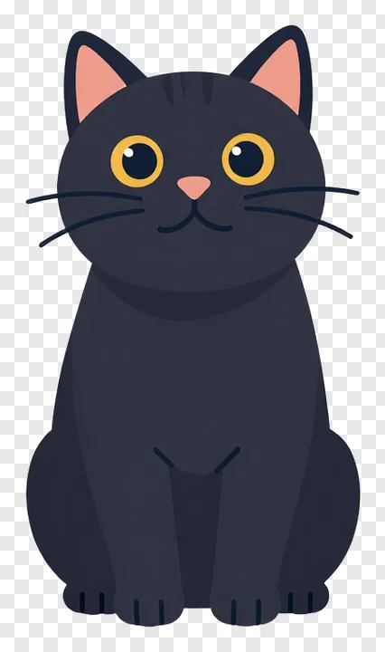 Black cartoon cat looking up curiously.