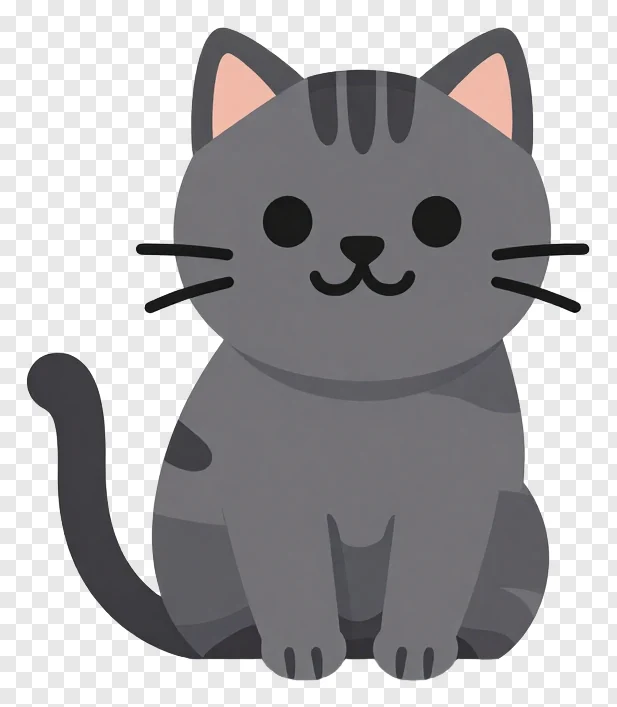 Gray cartoon cat sitting upright on a desk edge.