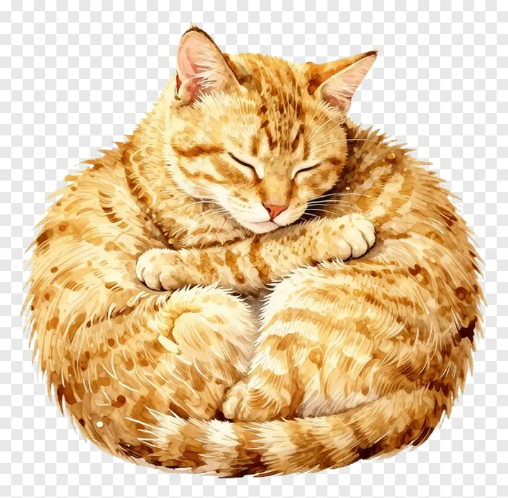A sleeping orange tabby kitten curled up in a watercolor illustration.
