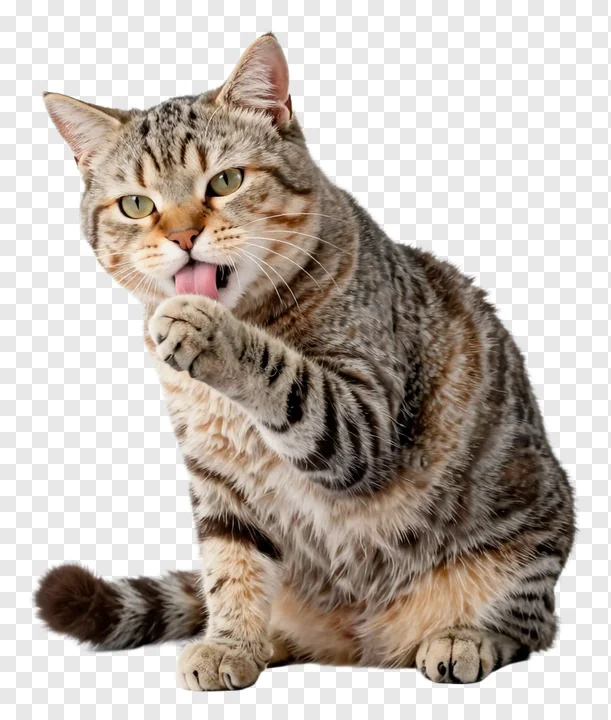A tabby cat licking its paw.