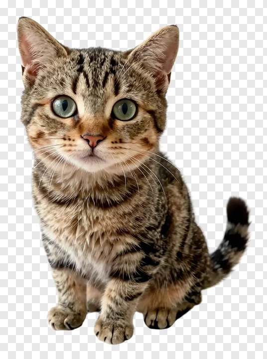 A striped tabby cat sitting alertly on a white surface.