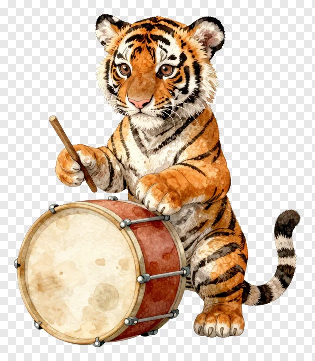 Cute tiger cub playing a drum.