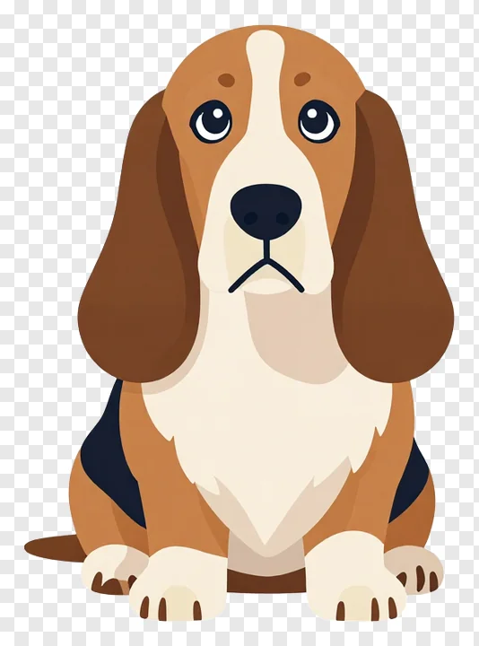 Cartoon basset hound with droopy ears sitting down.