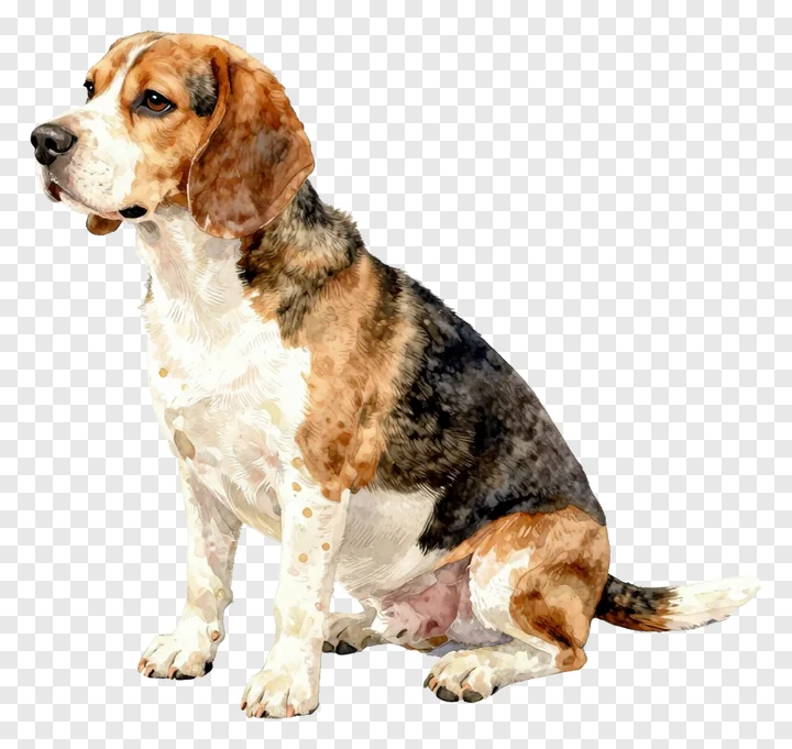 A beagle dog sitting in a watercolor style.