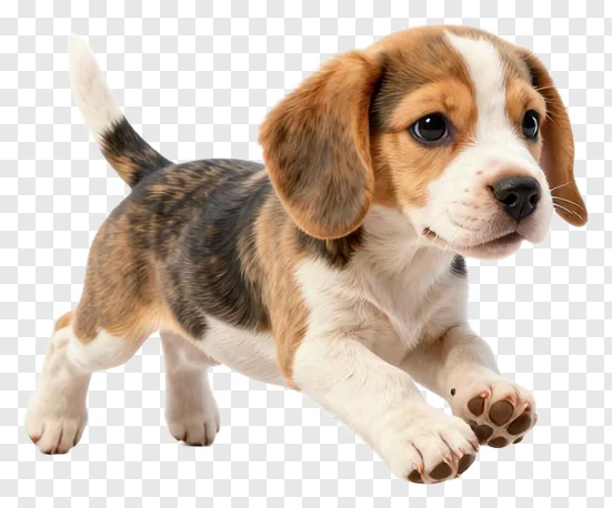 A beagle puppy running forward.