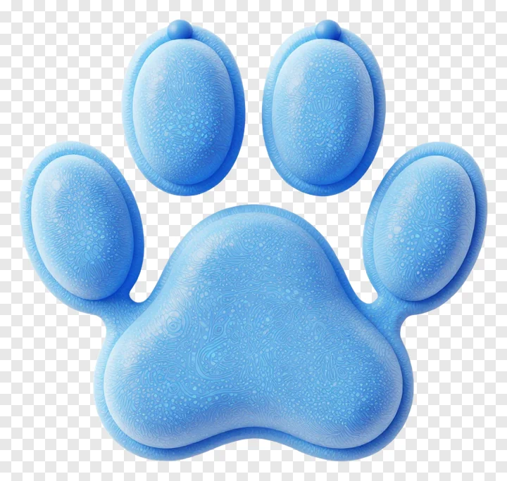 A blue gel-like dog paw print with detailed texture.