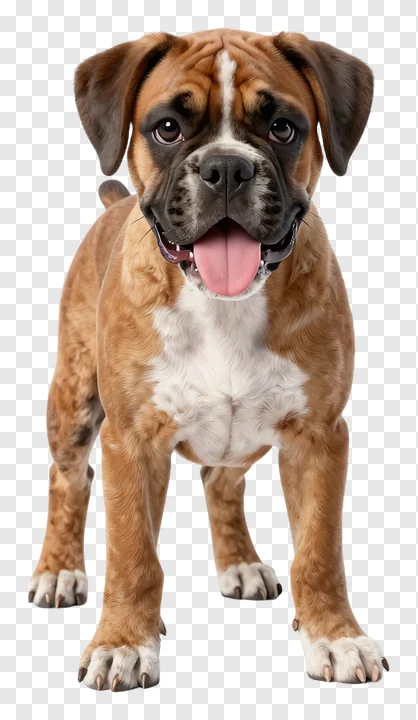 A boxer puppy with its tongue out.