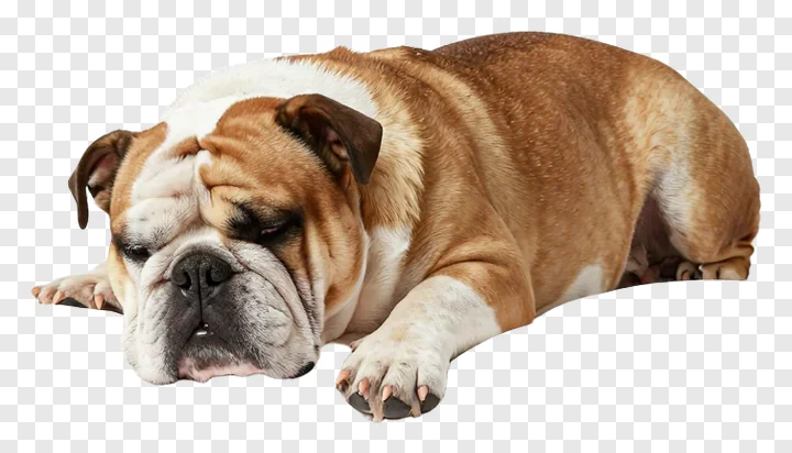 A sleeping bulldog lying down.