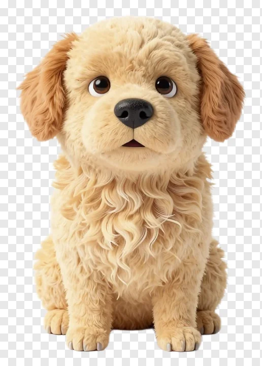 A cartoon dog sitting with big eyes and fluffy fur.