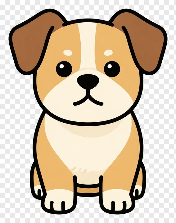 A cartoon dog with tan and white fur sitting upright.