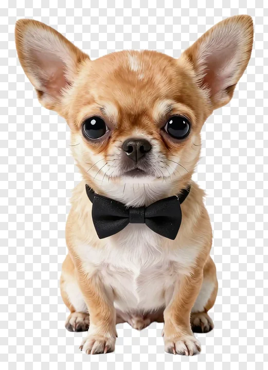 A small chihuahua wearing a black bow tie.