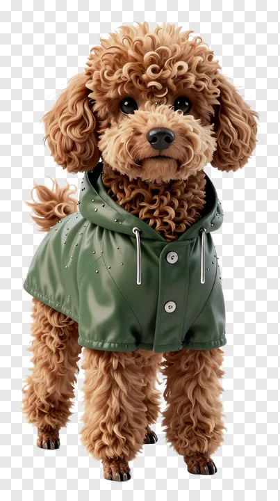 A brown poodle wearing a green raincoat.