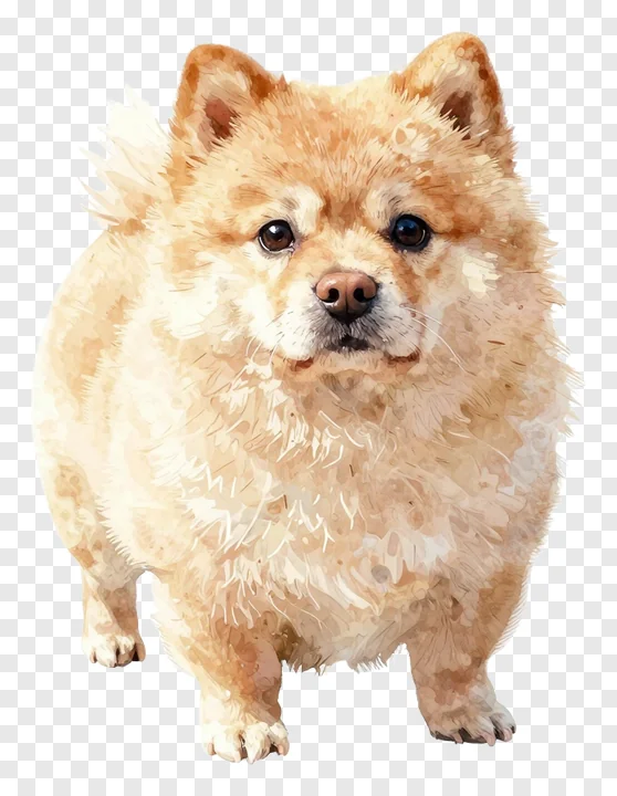 Fluffy pom dog with light brown fur standing and looking forward.