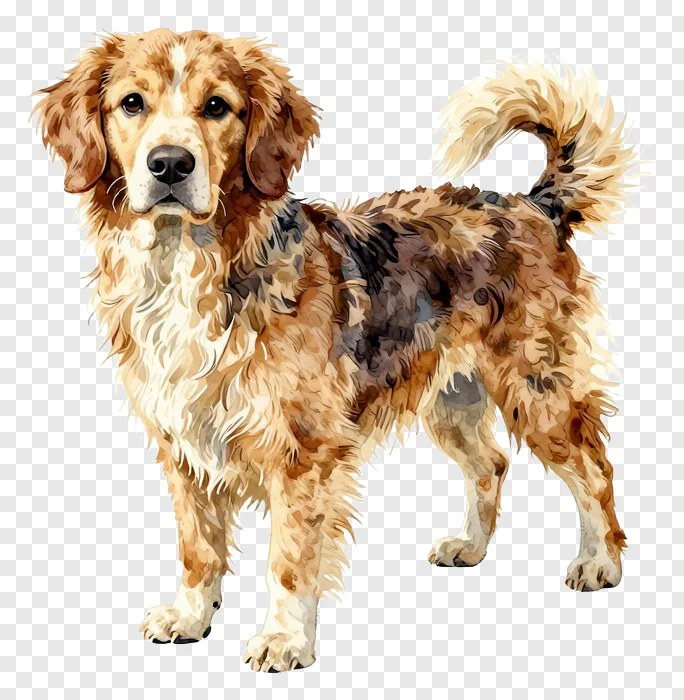 A golden dog with a curled tail standing upright.