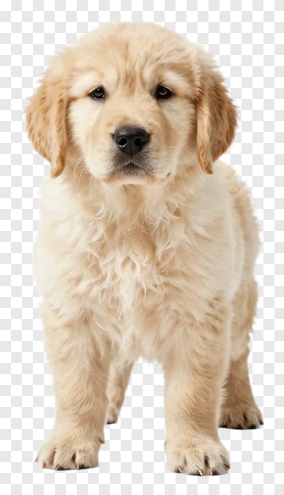 A golden retriever puppy standing and looking forward.
