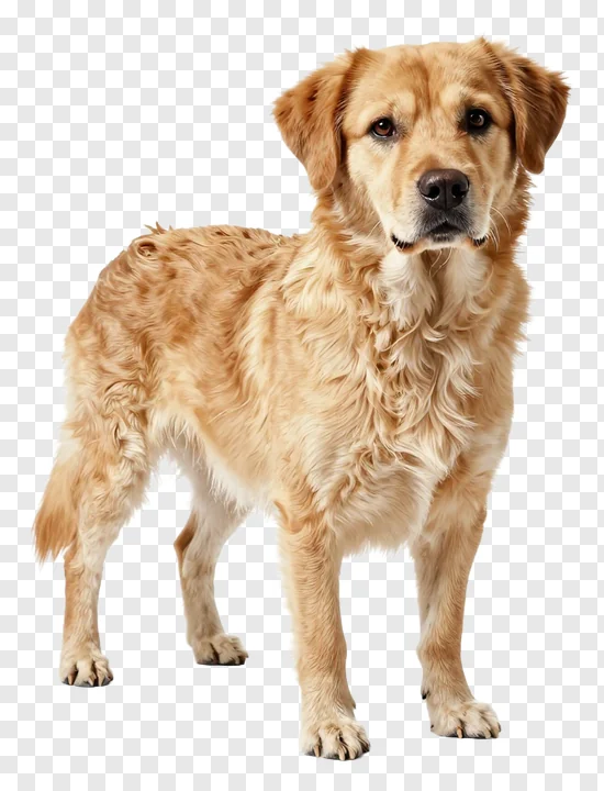 A golden retriever dog standing and looking forward.