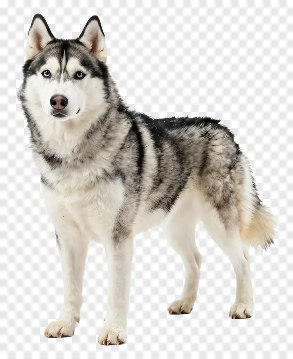 A husky dog with blue eyes standing on a white background.