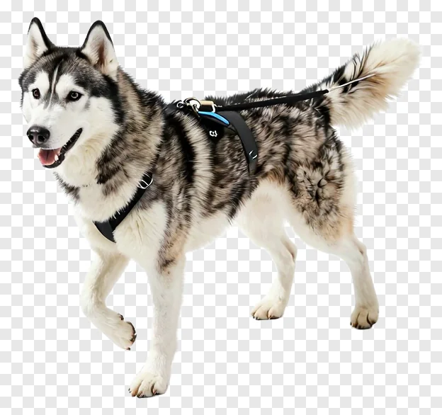 Husky dog wearing harness, ready to pull sled.