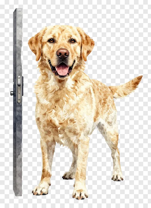 Golden retriever standing by a door.