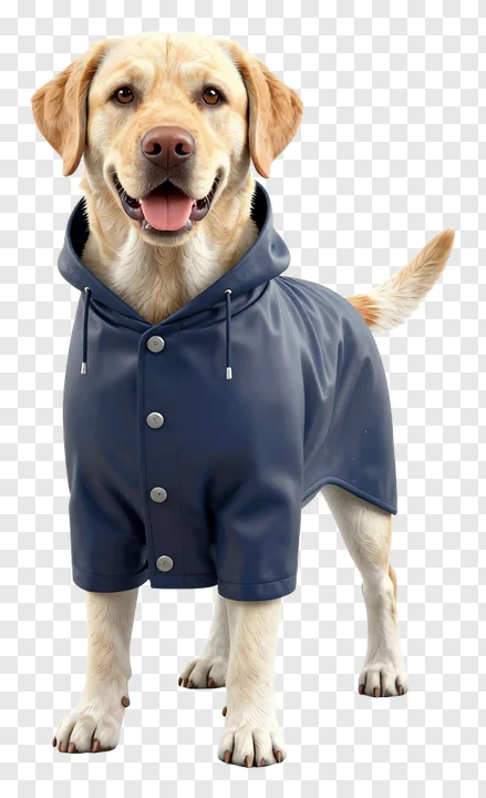 Yellow Labrador wearing a blue raincoat.