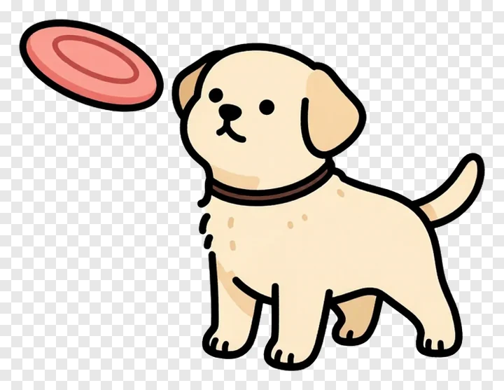 A light-colored Labrador puppy about to catch a pink frisbee.