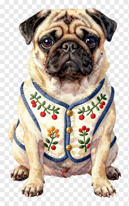 A pug wearing a floral embroidered vest.