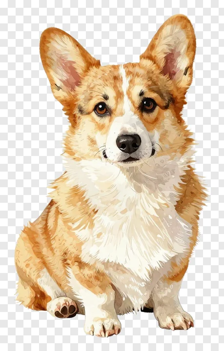 A sitting corgi dog with perky ears and fluffy white chest.