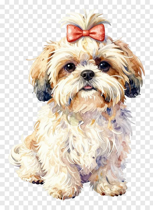 A watercolor painting of a Shih Tzu puppy with a red bow.