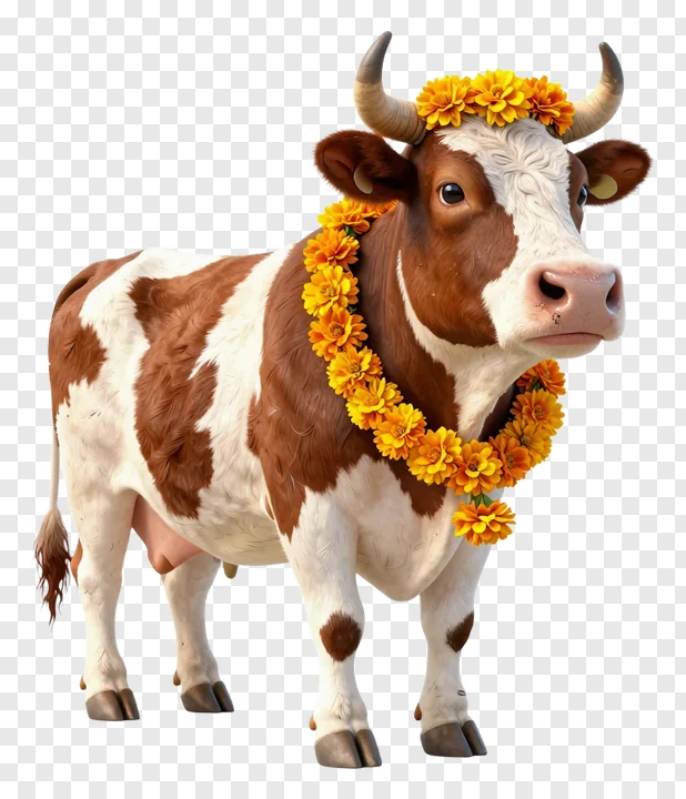 A decorated cow wearing a marigold garland.