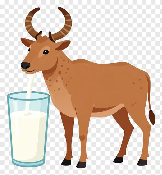 Cartoon bull drinking milk into a glass.
