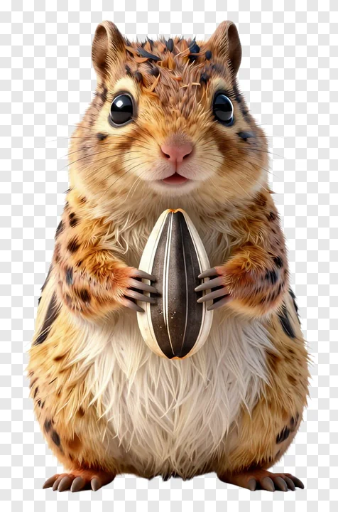 A small chipmunk holds a sunflower seed in its front paws.
