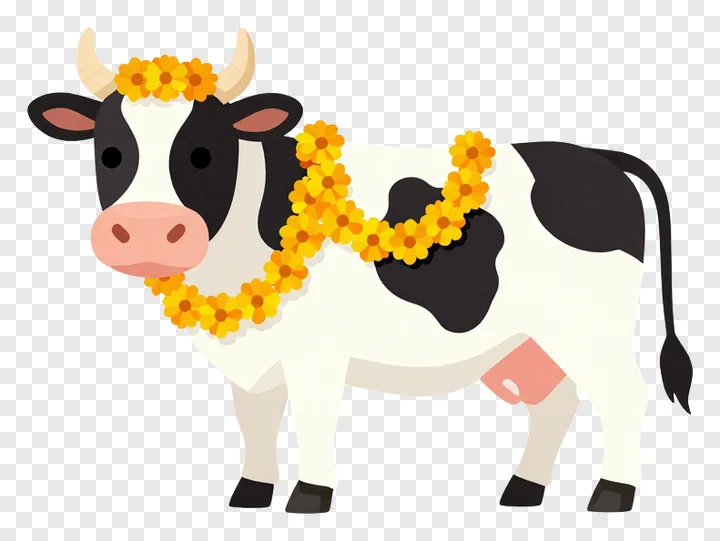 A decorated cow wearing a marigold garland.