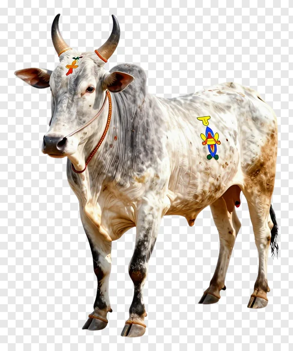 A decorated cow with painted markings and ornaments.