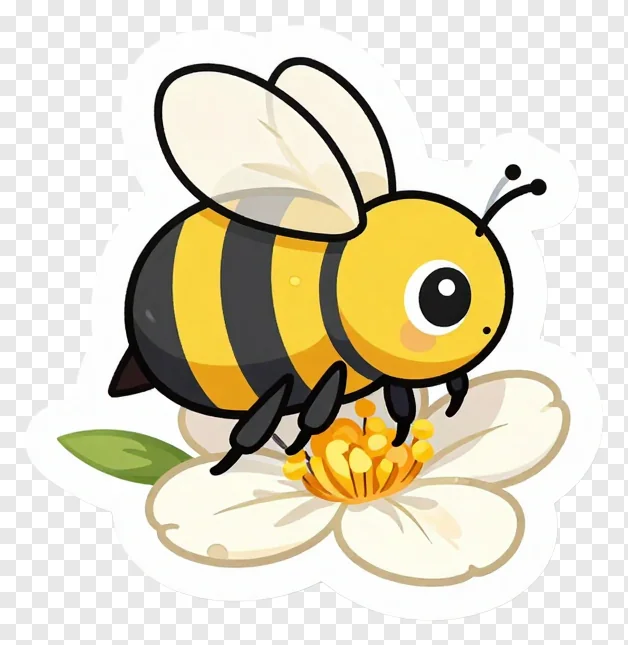 A cartoon bee sitting on a white blossom.