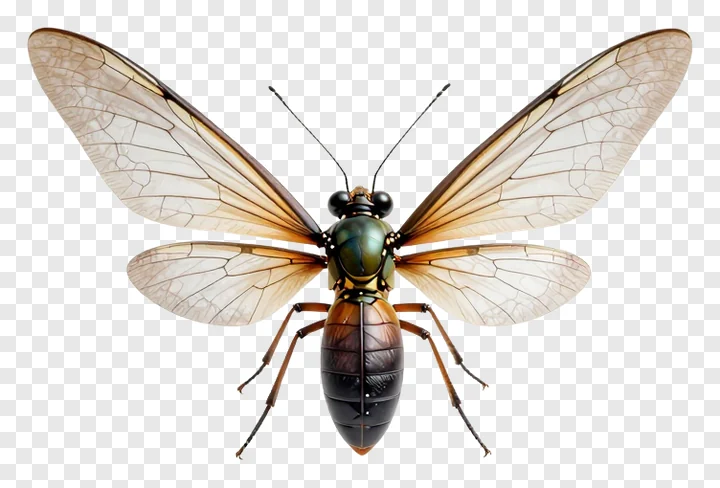 A firefly with transparent wings spread out.