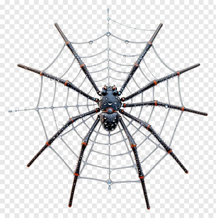 A black spider on a dewy web.