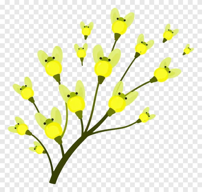 A group of glowing fireflies flying near a branch.