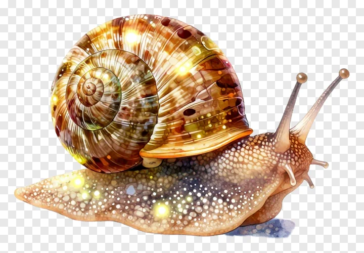 A glowing snail with a sparkling shell crawling on a white surface.