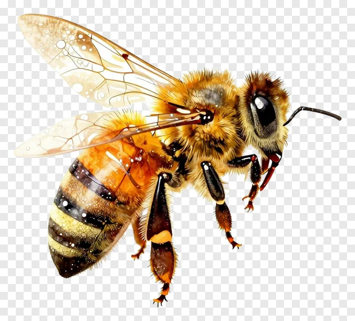 A honey bee with nectar droplets on its wings and body.