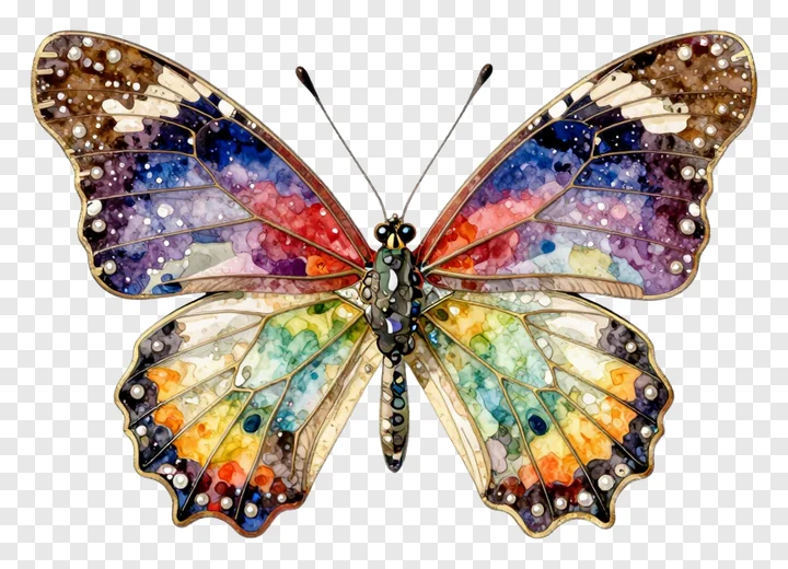 A retro-style enamel butterfly with multicolored wings.