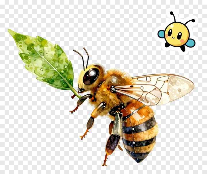 Robotic bee holding green leaf.