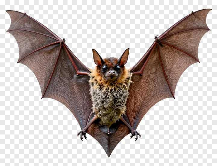 A bat with spread wings and fluffy fur.