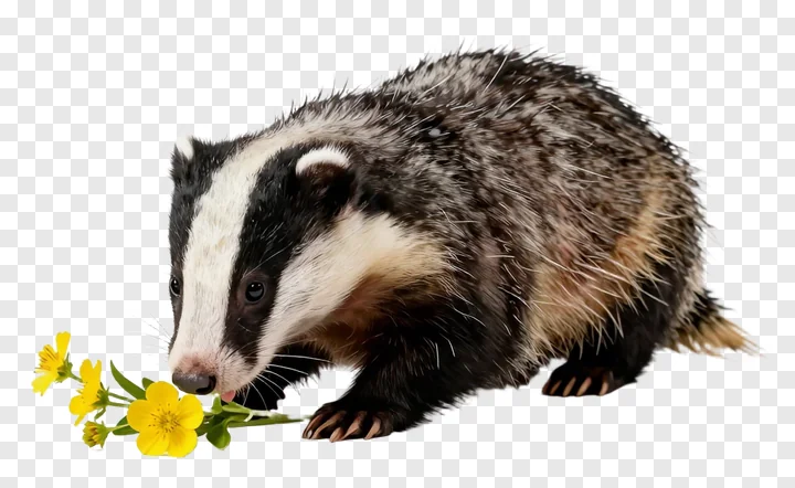 A badger sniffing a yellow wildflower.