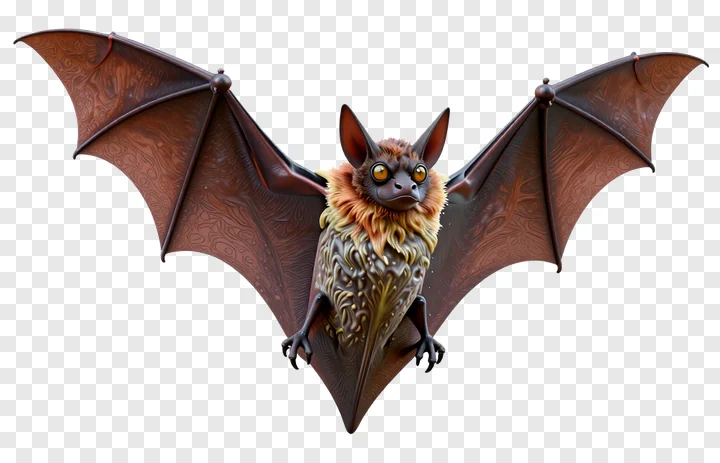 A bat with amber eyes and fluffy fur, wings spread.