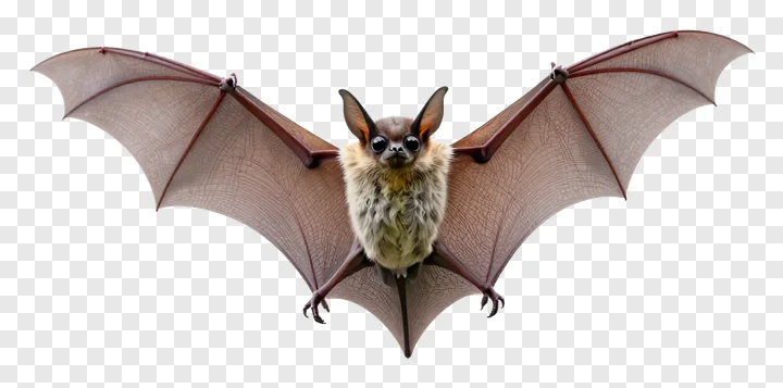 A bat with spread wings and fluffy fur flying.