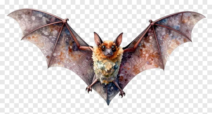 A bat with mosaic-patterned wings and fluffy fur.