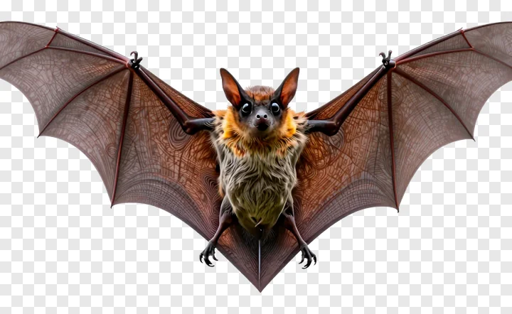 A bat with orange fur on its chest and spread wings.