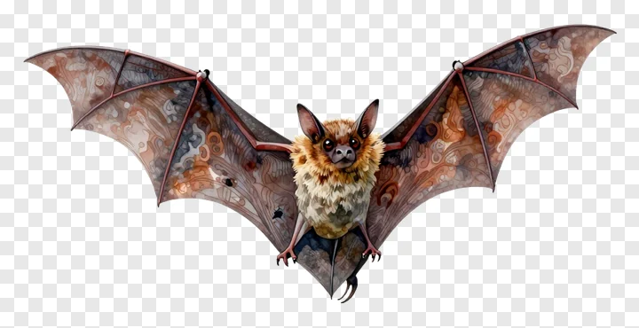 A bat with detailed wing patterns flying with wings spread.