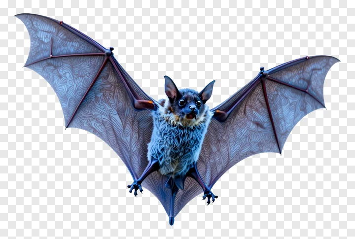 A blue-furred bat with patterned wings flying.
