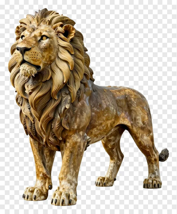 A standing bronze lion statue with detailed mane.